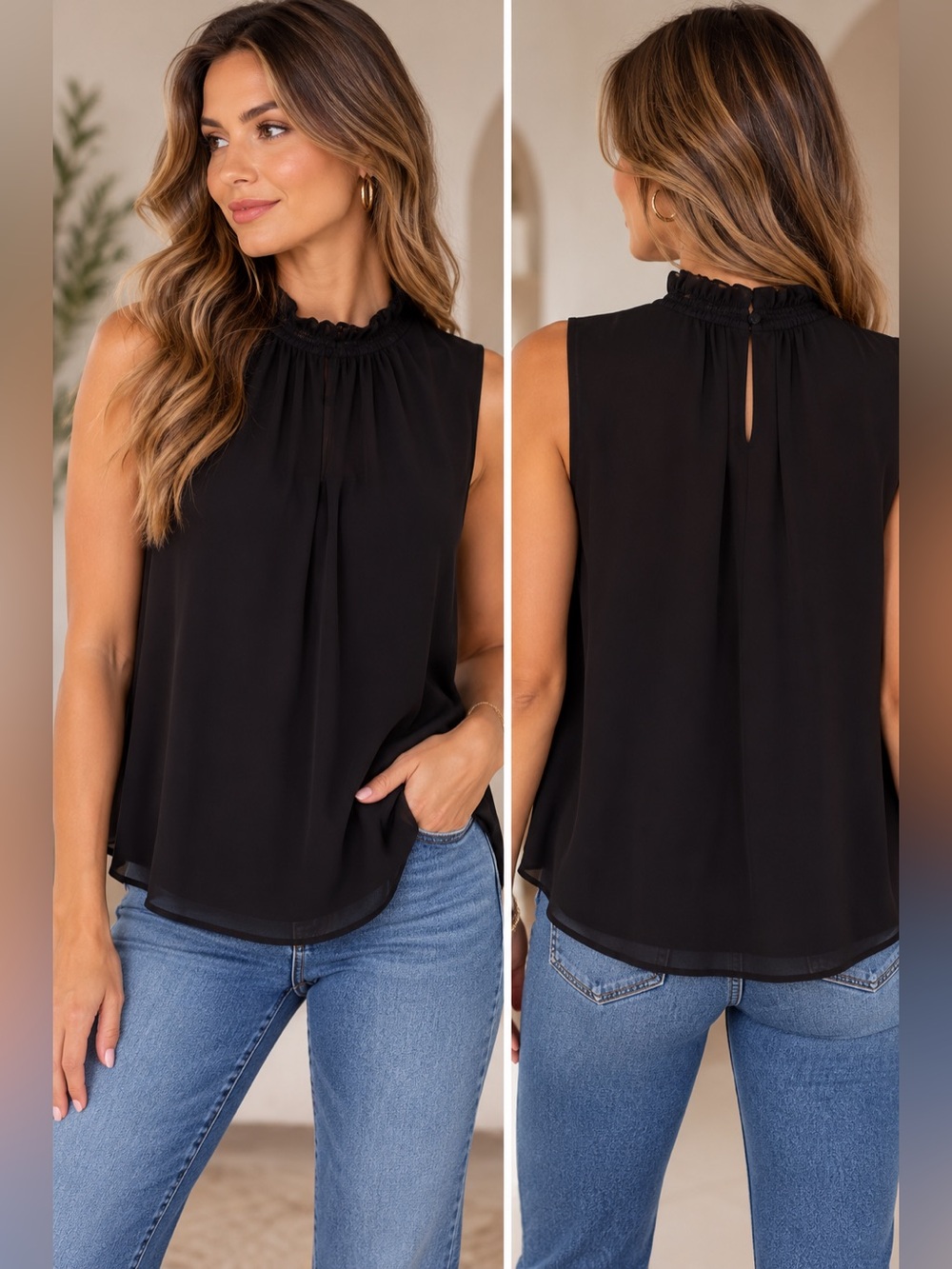 Vince Camuto Black Smocked Mock Neck Sleeveless Camisole